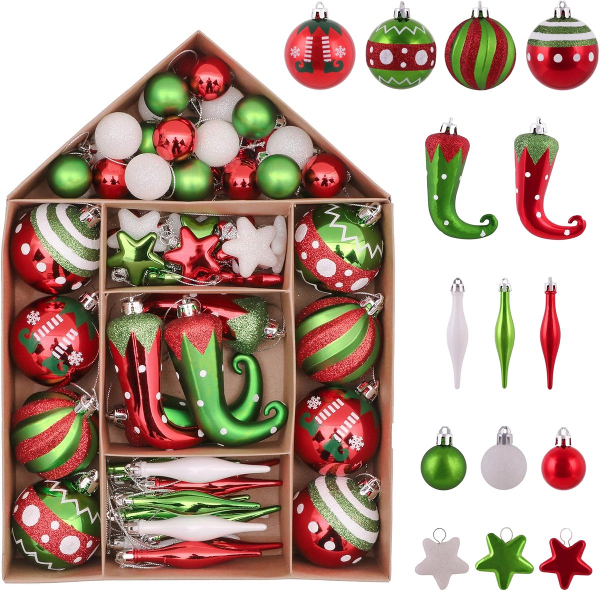Kerstballen - Set van 70 stuks - Holle, onbreekbare plastic kerstboomversieringen in 10 stijlen - Geschikt voor kerstbomen, tafel- en feestdecoratie - Rood, groen, wit