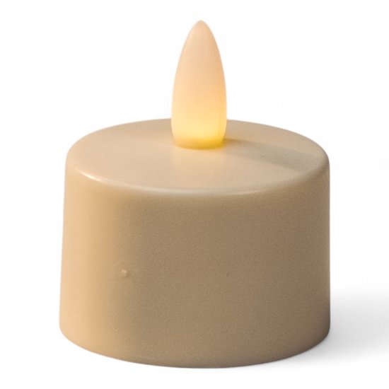 Een enkel oplaadbaar LED waxinelichtje met een warm wit flakkerend vlammetje.