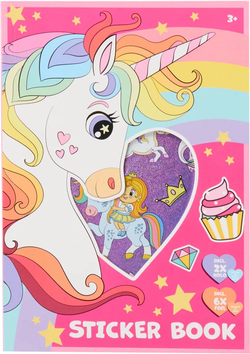 Stickerbook unicorn - 18 vel stickerboek eenhoorn - pony - 2x holografisch - 6x glitter metalic folie - 3+