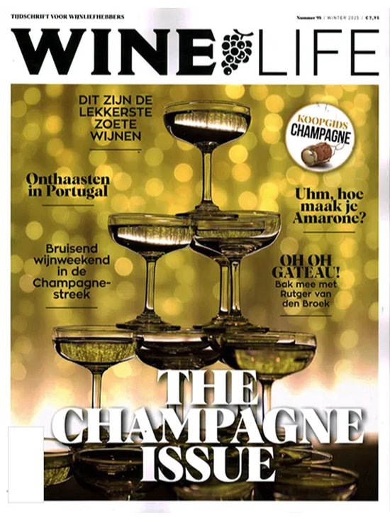 Het tijdschrift "Wine Life" met op de cover "The Champagne Issue", glazen champagne en gouden decoratie.