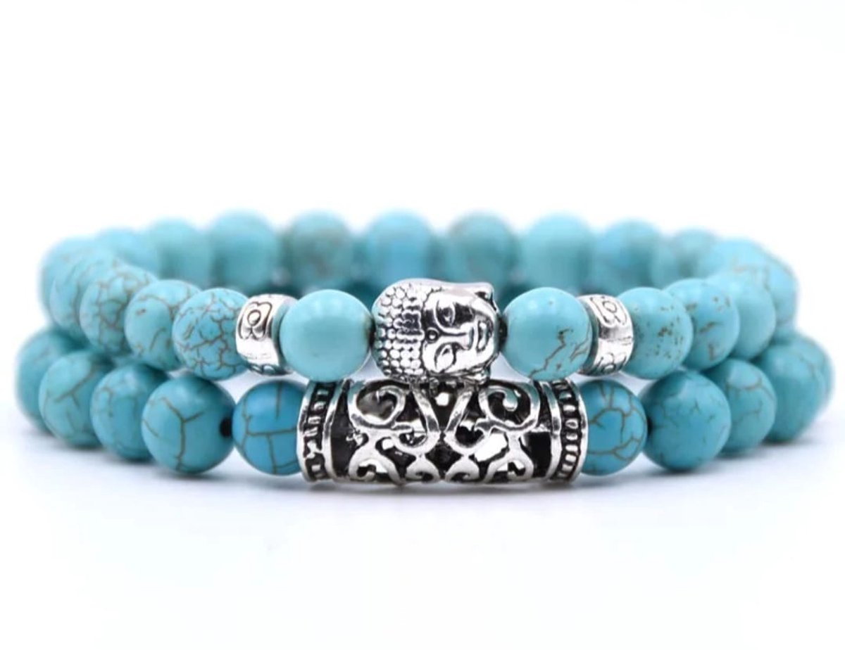 S4H Turkoois Howliet Armband – 2-delige Set – Edelsteen Armband voor Bescherming & Balans – Buddha Armband – Handgemaakt Unisex Sieraad