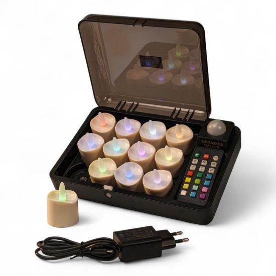 Oplaadbare waxinelichtjes – tot 160 uur brandduur – DORSETTO RGB – set van 12 – waterdicht – met afstandsbediening en timer