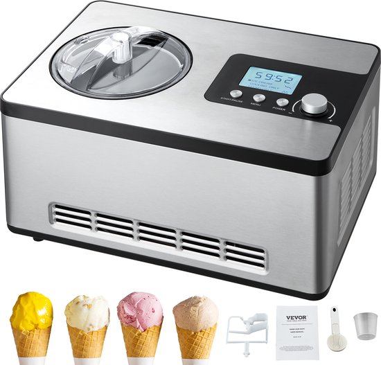 VEVOR Compressor-Ijsmachine Ijsmachine 2 L, 180 W Frozen Yoghurt Maker Ijsmachine 3 Standen Yoghurtmachine Huishoudelijke Draagbare Ijsmachine Sorbet Gelato Geluidsarm Zilver Elektrisch