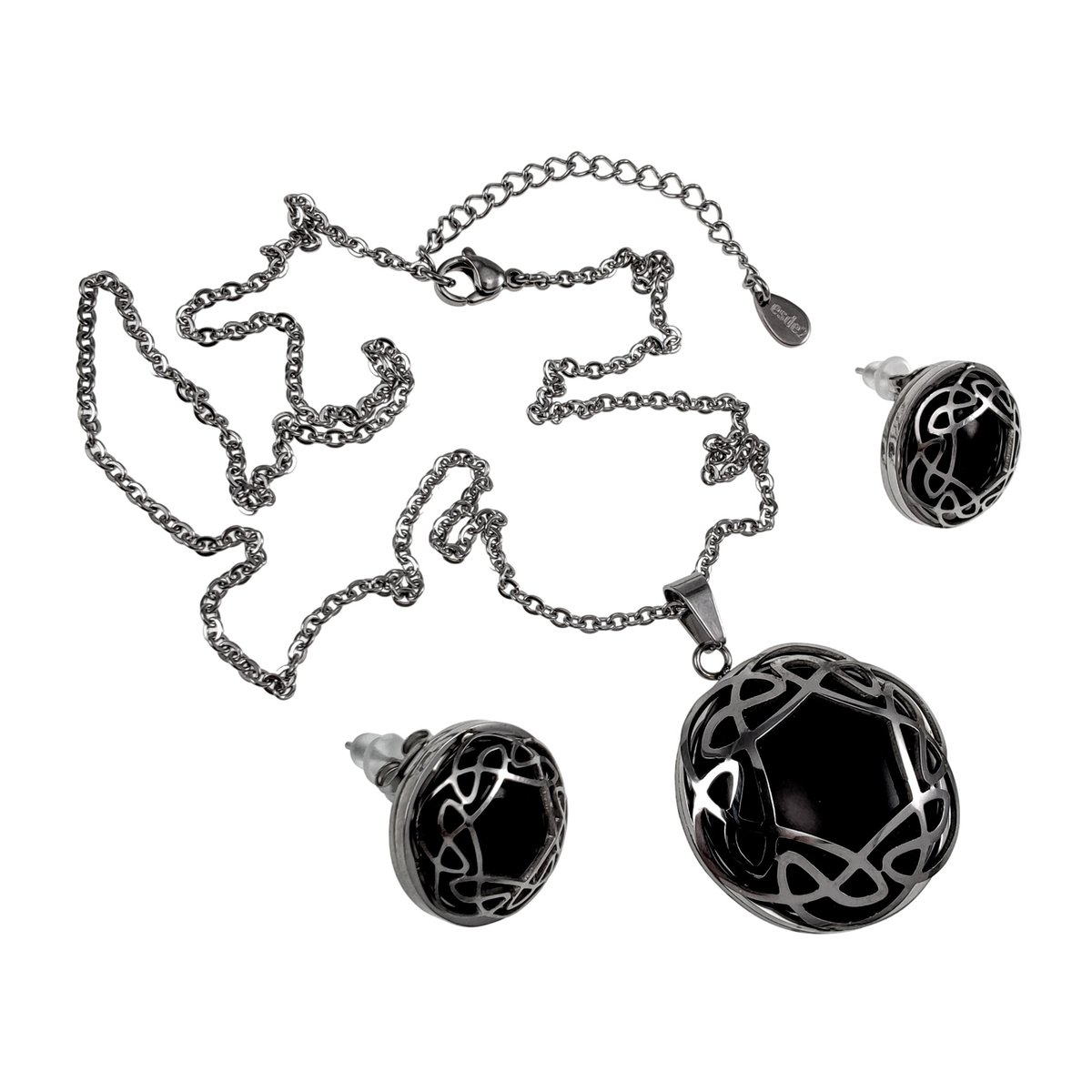 Dames Set: Kabelketting & Oorbellen met Zwart Cabochon, Gepolijst Roestvrij Staal - Verstelbaar 50-55 cm - esde2 Ontwerp