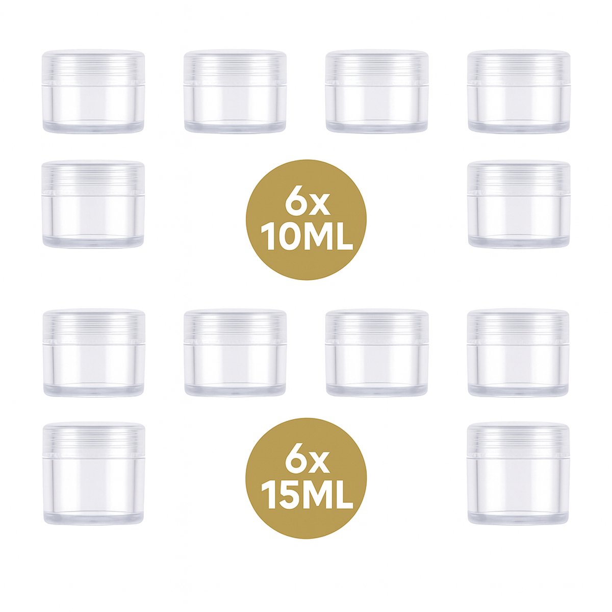 Plastic Potjes met Deksel 6x10ml & 6x15ml – Cosmetica & Sample Potjes – Crème / Pillen – Reisverpakking - 12 stuks