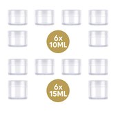 Pots en plastique 6x10ml et 6x15ml – Rechargeables – Multifonctionnels – Format voyage – Fournitures de loisirs créatifs – 12 pièces.