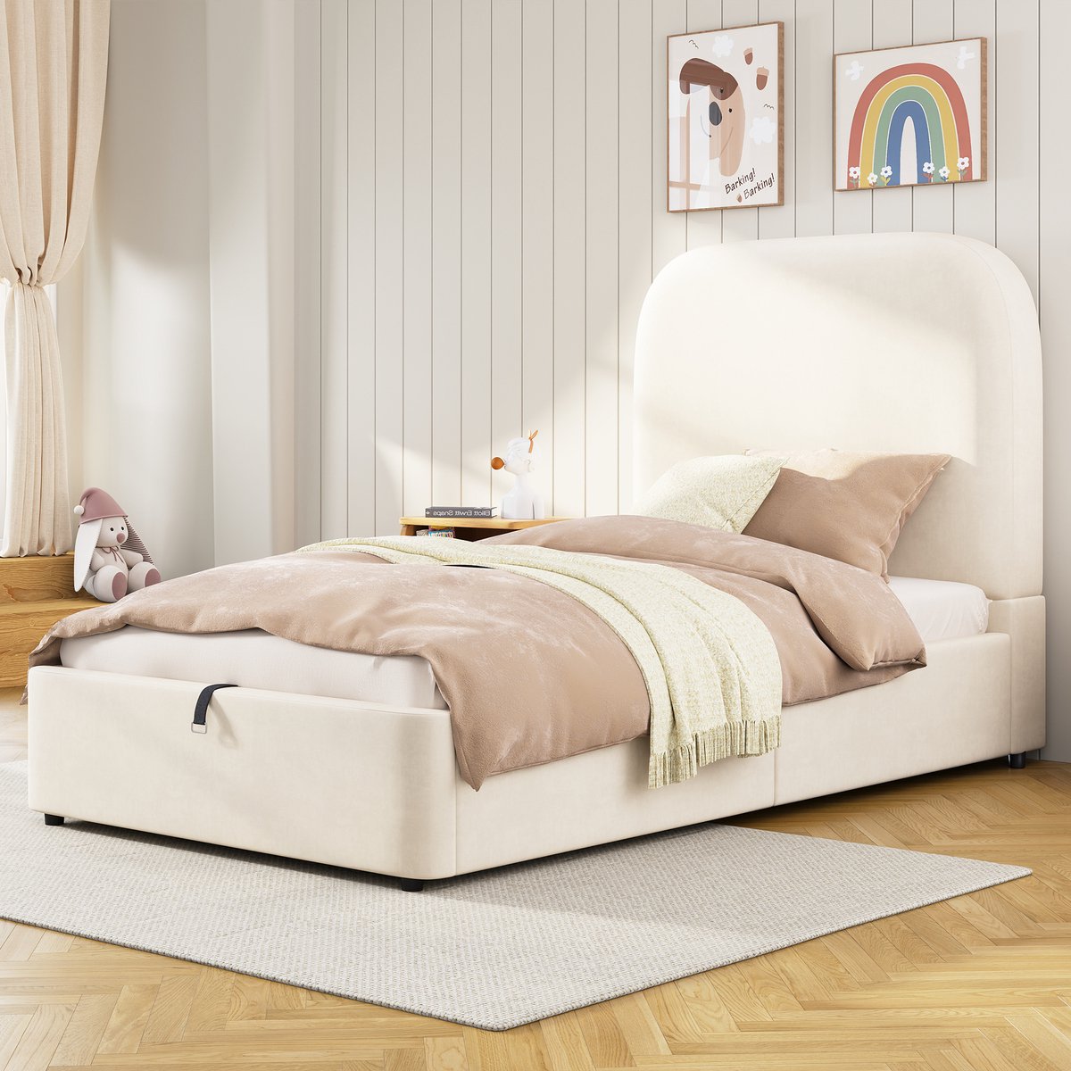 Merax Gestoffeerd bed - kinderbed 90 x 200 cm - met lattenbodem - hoofdbord en opbergruimte - gestoffeerd hoofdbord - beige - zonder matras