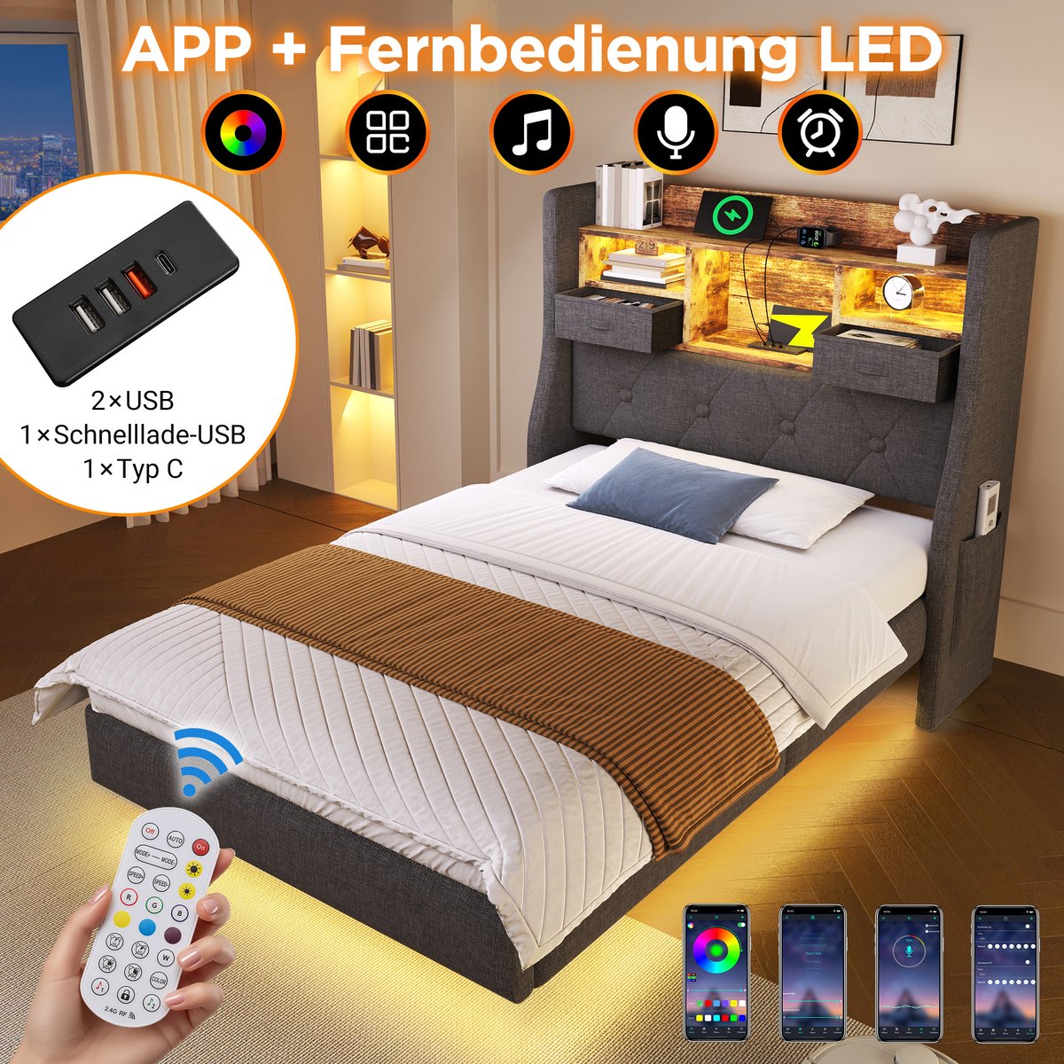 Merax 140x200 cm gestoffeerd bed - zwevend bed met LED-verlichting - hoofdeinde en oplaadstation - met opbergruimte - grijs - zonder matras