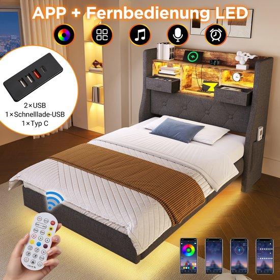 Lit rembourré gris avec tête de lit, rangement et éclairage LED contrôlé via application ou télécommande.