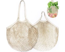 Nettas - Boodschappen tas - Net zak - 2 Nettasjes - Katoen - Herbruikbaar - Eco - Fruittas - Gehaakte tas - Mesh bag - Ideaal voor het opbergen van alles - Beige