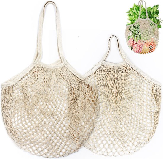 Nettas - Boodschappen tas - Net zak - 2 Nettasjes - Katoen - Herbruikbaar - Eco - Fruittas - Gehaakte tas - Mesh bag - Ideaal voor het opbergen van alles - Beige