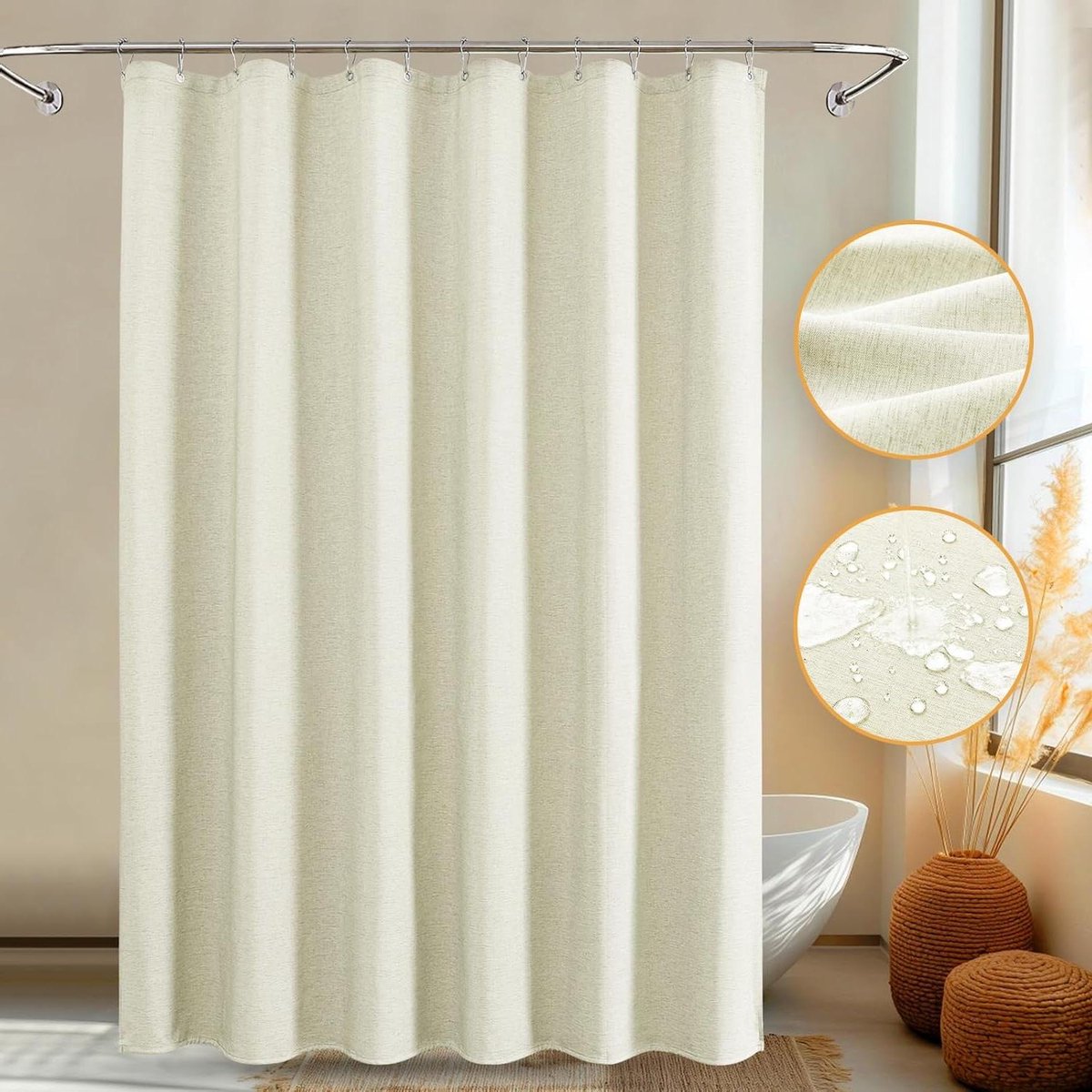 Allecta - Douchegordijnset met linnen textuur en roestvrijstalen haken - 230 g/m² - Hotelkwaliteit - Waterafstotend - Machinewasbaar - 183 x 214 cm