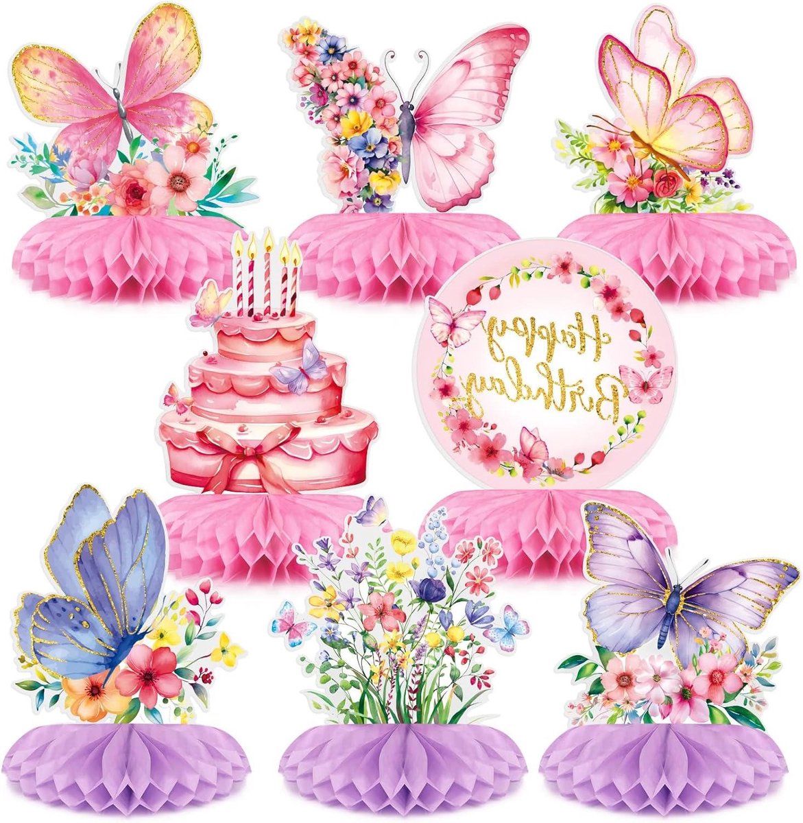 8 Pieces Table Decoration Birthday Girls Tablecloth Honeycomb Nest Butterfly Decoration Happy Birthday Ladies Pink Silver Decoration Butterfly Birthday