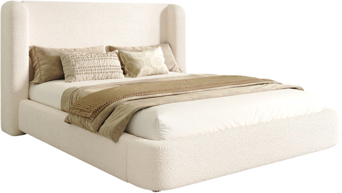 Gestoffeerd bed, tweepersoonsbed, hydraulisch verstelbaar bed, bed met lattenbodem, hoofdbord en grote opbergruimte, gestoffeerd hoofdbord, beige bouclé, 160 x 200