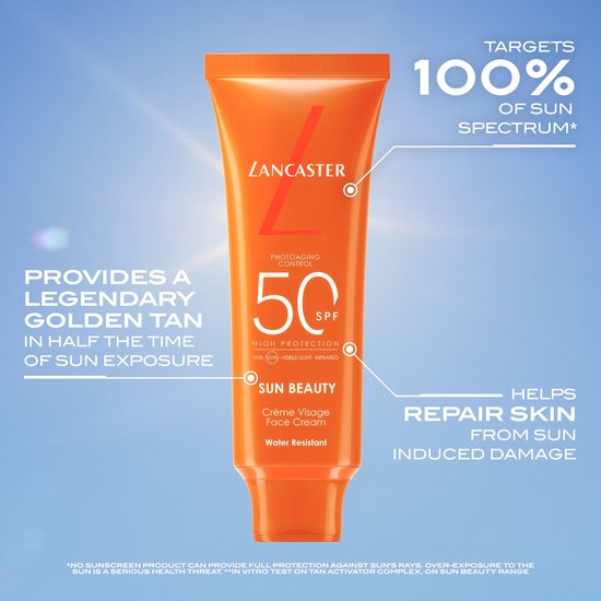 Lancaster Sun Beauty gezichtscrème met SPF 50. Oranje tube met grote 'L' en de tekst '50 SPF'.