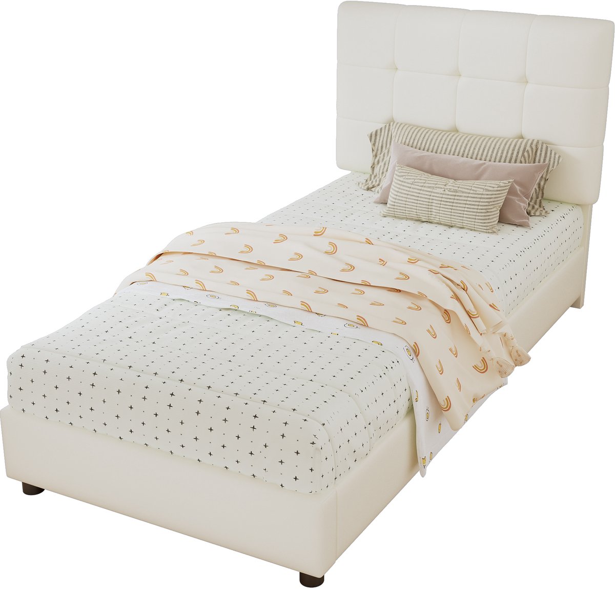 Gestoffeerd bed, eenpersoonsbed, kinderbed, zacht hoofdeinde en rugleuning met anti-botsingsrand van spons, biscuitvormig hoofdeinde, PU + ijzer + spons + multiplex, beige, 90x200cm