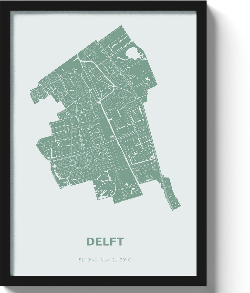 Poster Delft A2 - 42 x 59,4 cm - Groen Inclusief lijst (Zwart MDF)