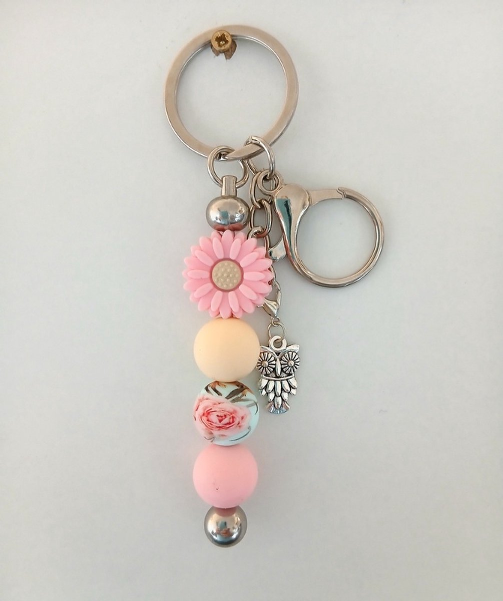 Sleutelhanger, tashanger met kralen | bloem, uil |roze