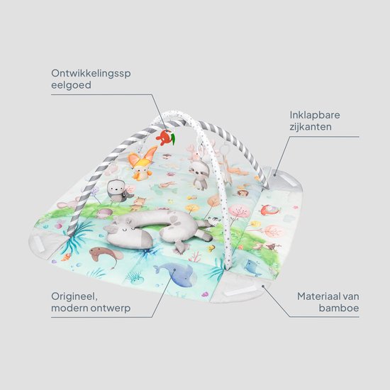 Babygym met speelkleed, opvouwbare zijkanten, bamboe materiaal en een dierendesign.