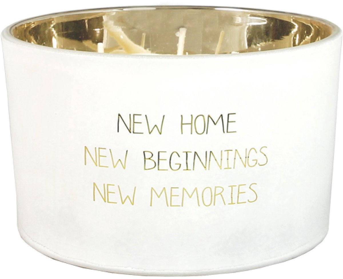MY FLAME - New Home, New Beginnings New Memories - Fresh Cotton - Wit/Goud - 50 branduren - 13.5 x 9cm