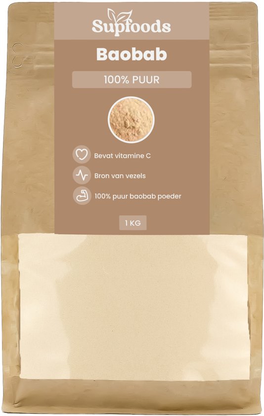 Bruine papieren zak met 'Supfoods Baobab 100% PUUR' en voedingsinformatie in beige en bruintinten.