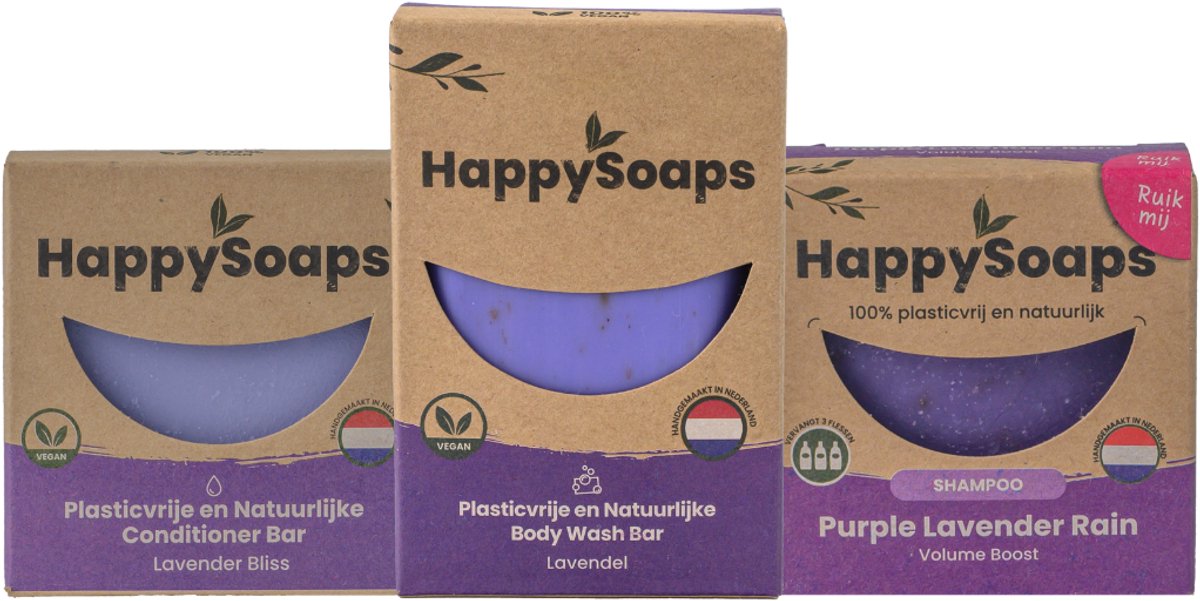 HappySoaps Lavender Rain – Complete Verzorgingsset met Lavendel – Shampoo Bar + Body Wash Bar + Conditioner Bar – Natuurlijk & Plasticvrij