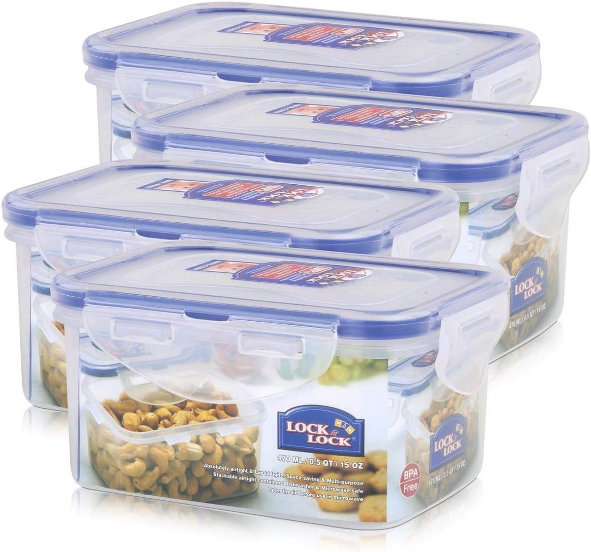4x Luchtdichte Stapelbare Opslagbox Rechthoekig 470ml - Ideaal voor Bewaren & Meenemen