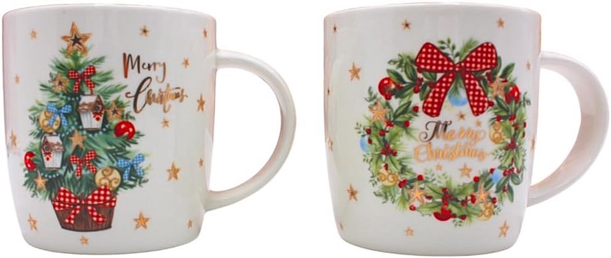 Set van 2 Porseleinen Koffiemokken met Kerstprint, 360 ml