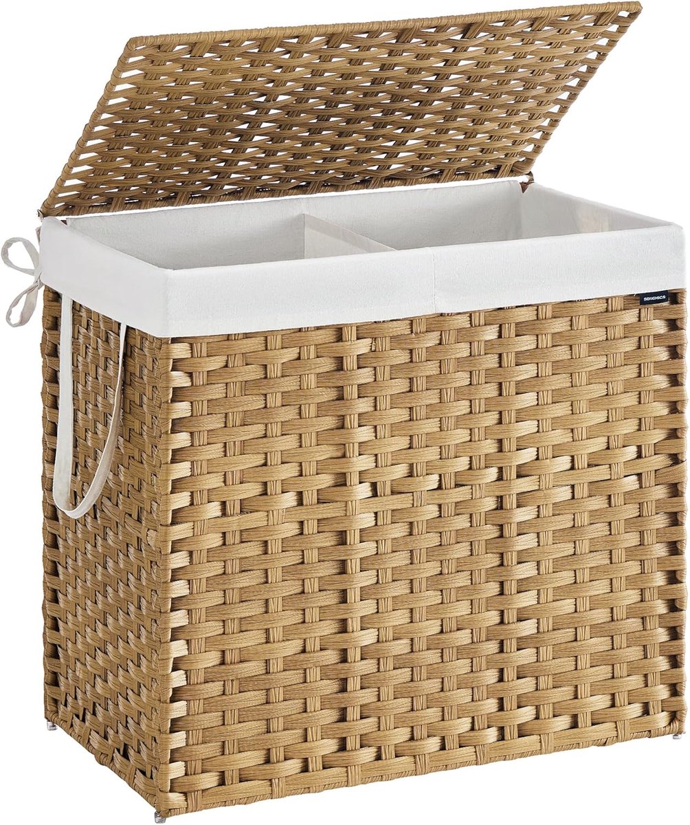 SONGMICS LCB216Y01 Wasmand 2 compartimenten wasmand 160 L Synthetische rotan wasmand met deksel en handvatten gevlochten opvouwbare verwijderbare waszak natuurlijke kleur
