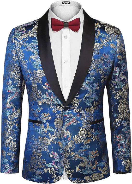 Blauw jacquardjasje met draken- en bloemenpatroon, zwart revers en bordeauxrode strik.