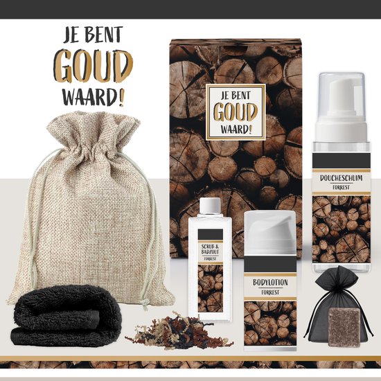 Cadeaubox met tekst 'Je bent goud waard!' en houtmotief. Bevat scrub, bodylotion, doucheschuim, handdoeken en een zeepje.
