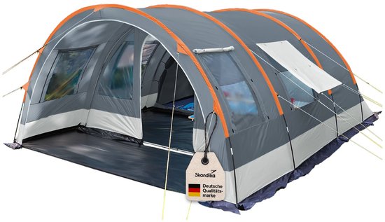 Skandika Helsinki Tent – Tenten – Familietent - Campingtent – Voor 6 personen – Tunneltent – 215 cm stahoogte - Muggengaas – 2 slaapcabines – 525 x 410 x 215 cm (L x B x H) - 5000 mm waterkolom – Outdoor, Camping, Tuin – Kamperen – grijs/oranje