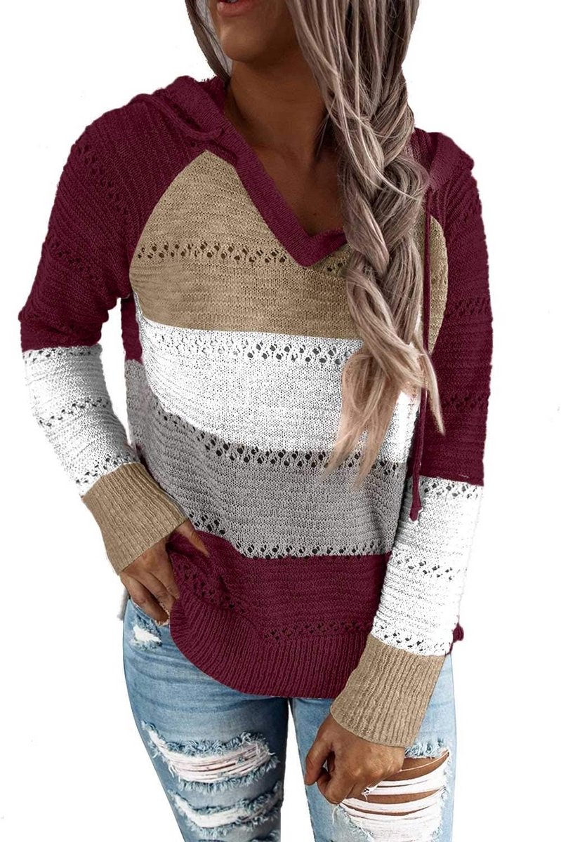 Gebreide Boho Trui Dames Strepen Kleurenblok Losse V-hals Sweater voor Lente en Herfst