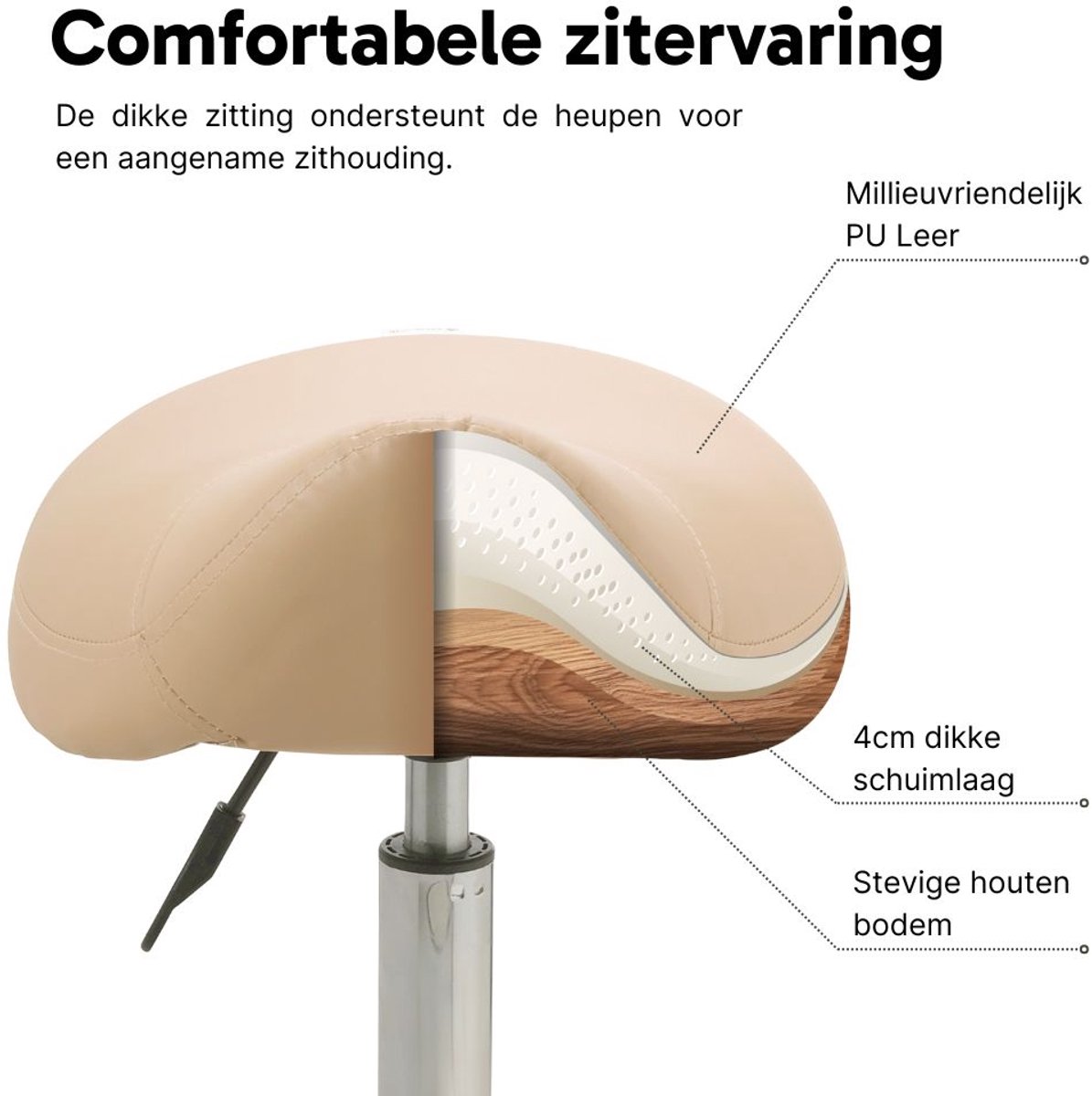 ZenGrowth ergonomische zadelkruk met hoge gasveer beige - Kapperskruk op zachte wielen – Zadelstoel - In hoogte verstelbaar thumbnail 6