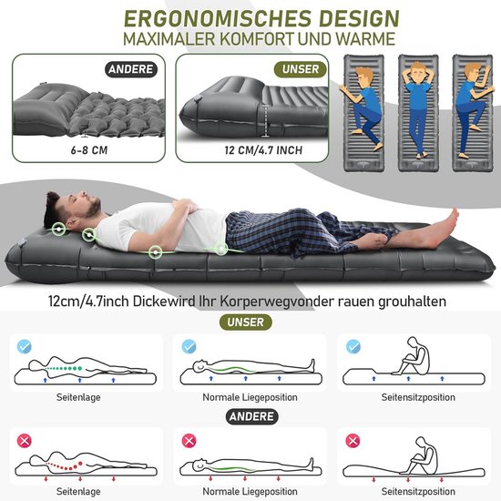 Zelfopblazend Luchtmatras 12 cm - Campingmat met Voetperspomp en Kussen, Compact en Waterdicht van Merkloos — afbeelding 2