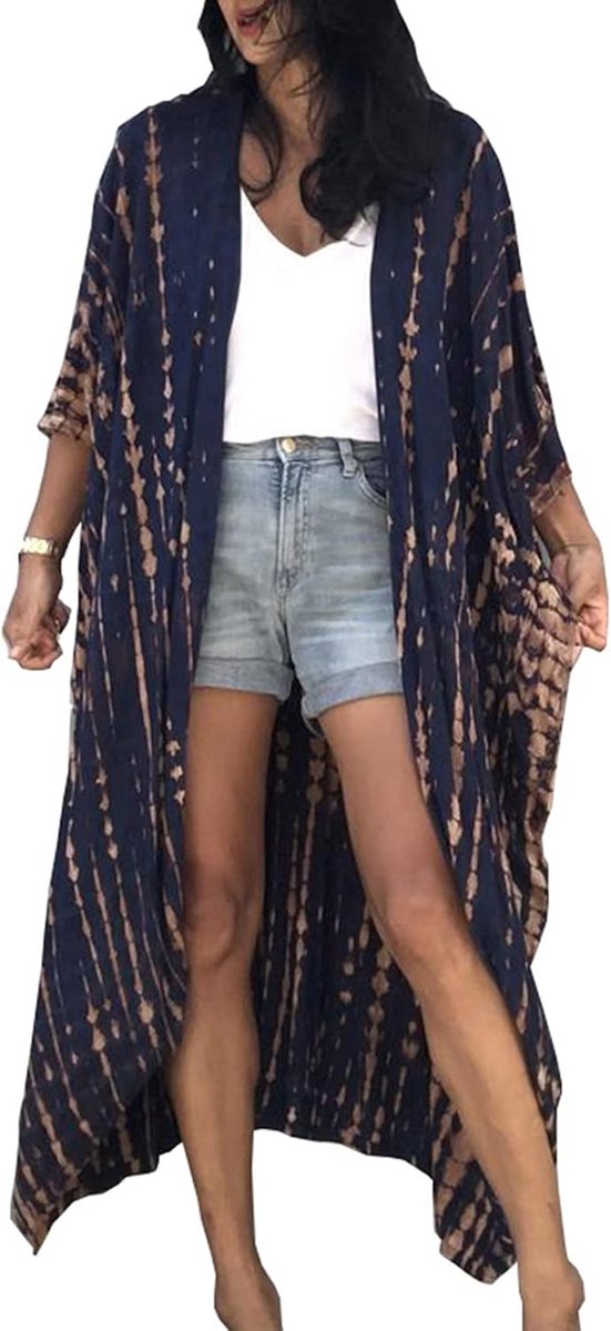 Lange Dames Kimono Open Voorkant Losse Strandjurk Boho Stijl Marineblauw