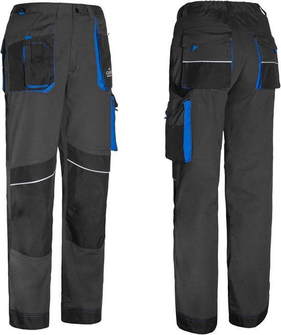Werkbroek met kniebeschermers, 8 zakken, in donkergrijs met kobaltblauwe accenten en witte biezen.