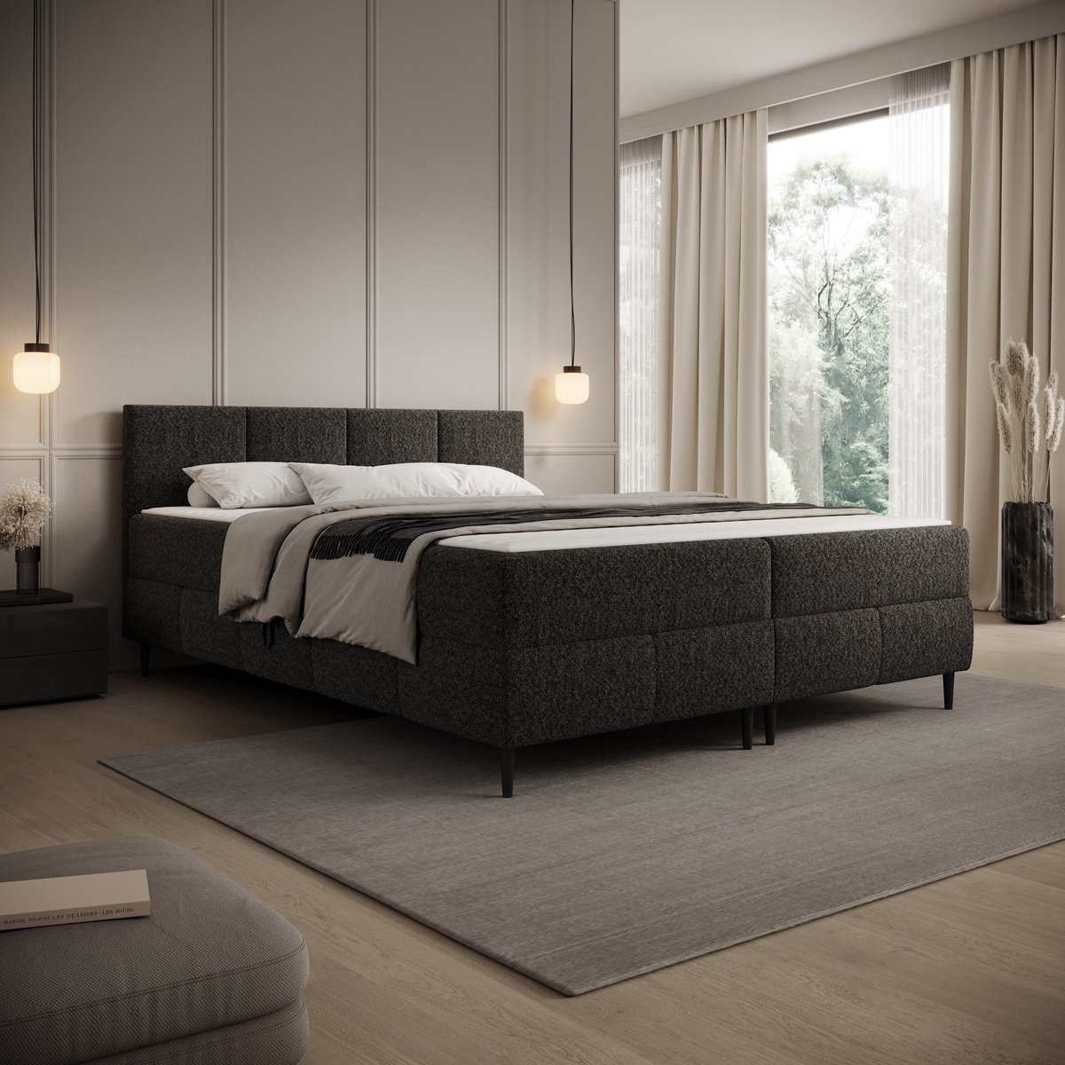 Meubella - Brisa - Boxspring met opbergruimte - Teddystof zwart - 160x200 cm