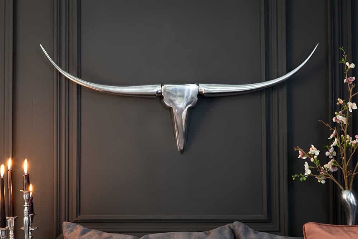 Modern design wanddecoratie BULL L 100cm zilver aluminium stierenkop - 8913