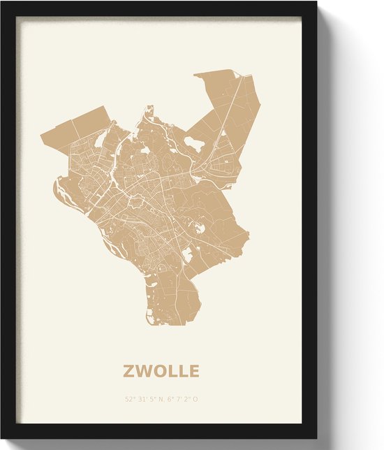 Poster Zwolle A4 - 21 x 30 cm - Beige Inclusief lijst (Zwart MDF)