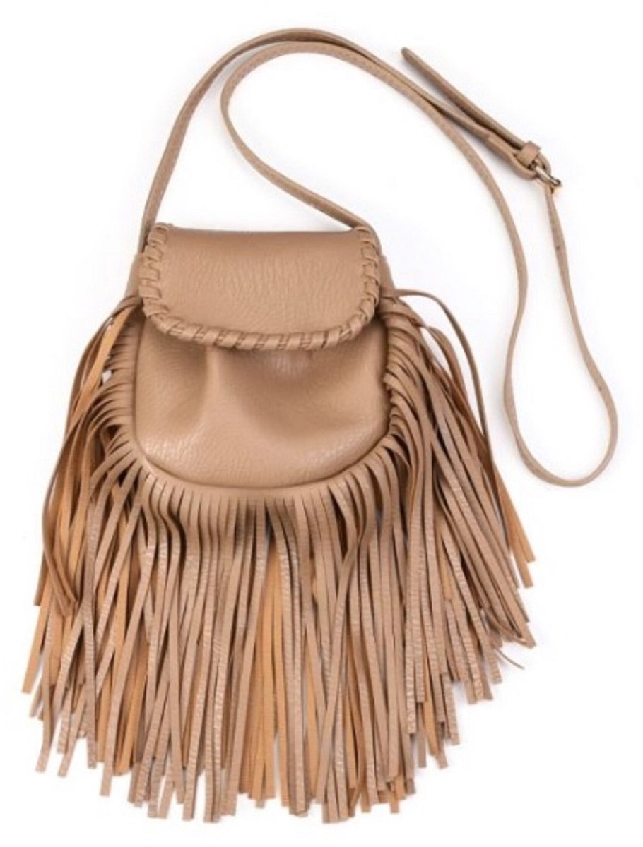 Ibiza klein tas met franjes - kaki camel kleur - minitas - little ibiza summer party bag - cadeau - eyecatcher - dochter - festival