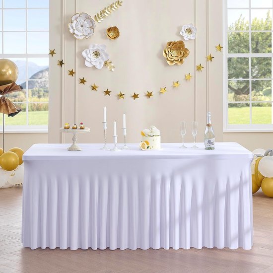 Dikke 2-in-1 spandex tafelhoes, rechthoekig tafelkleed met geplooide rok, kreukvrij langwerpig‌ laken‌ voor Vendor evenement(Nero, 244 x 76 x 74 cm
