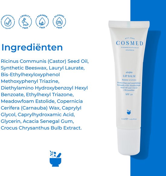 Witte tube Cosmed Lip Balm met blauwe tekst, SPF 20, naast lijst van ingrediënten.