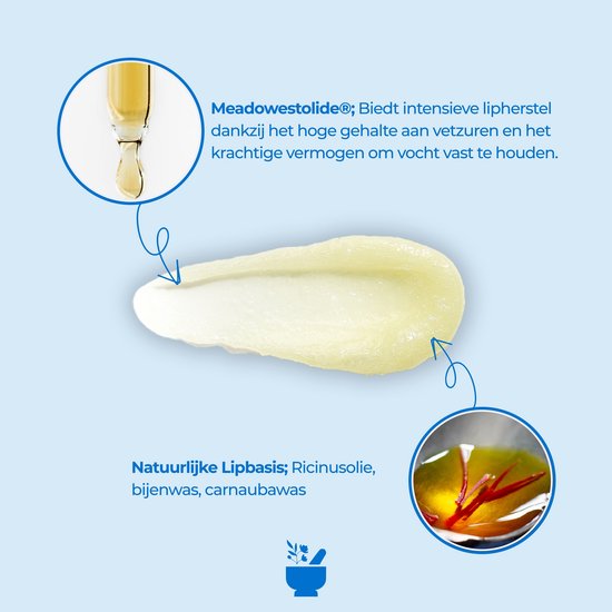 Druppel olie in pipet en een klodder gele lippenbalsem, met tekst over Meadowestolide en natuurlijke lipbasis.