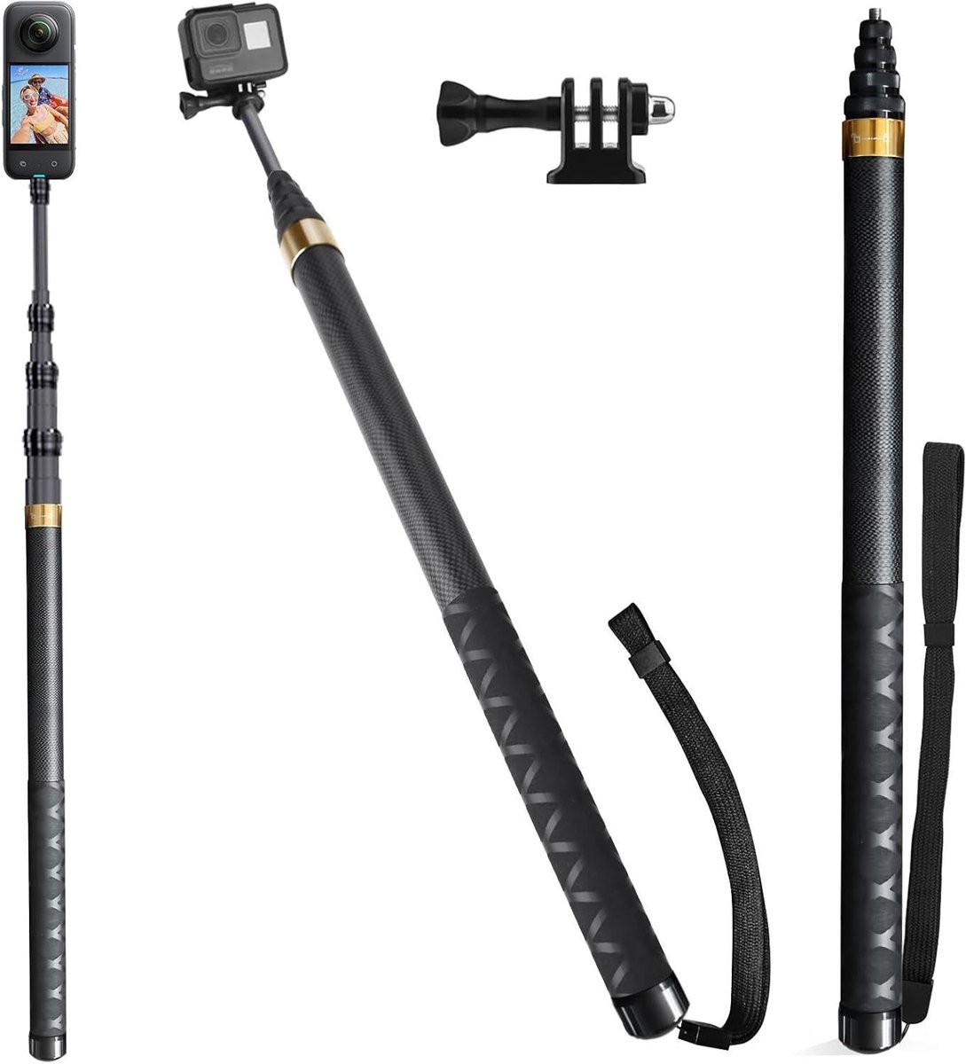 Allecta - Onzichtbare Selfiestick van 3 meter voor Insta 360 Camera's - Koolstofvezel Monopod voor GoPro en DJI Action Camera's - Goudkleurig