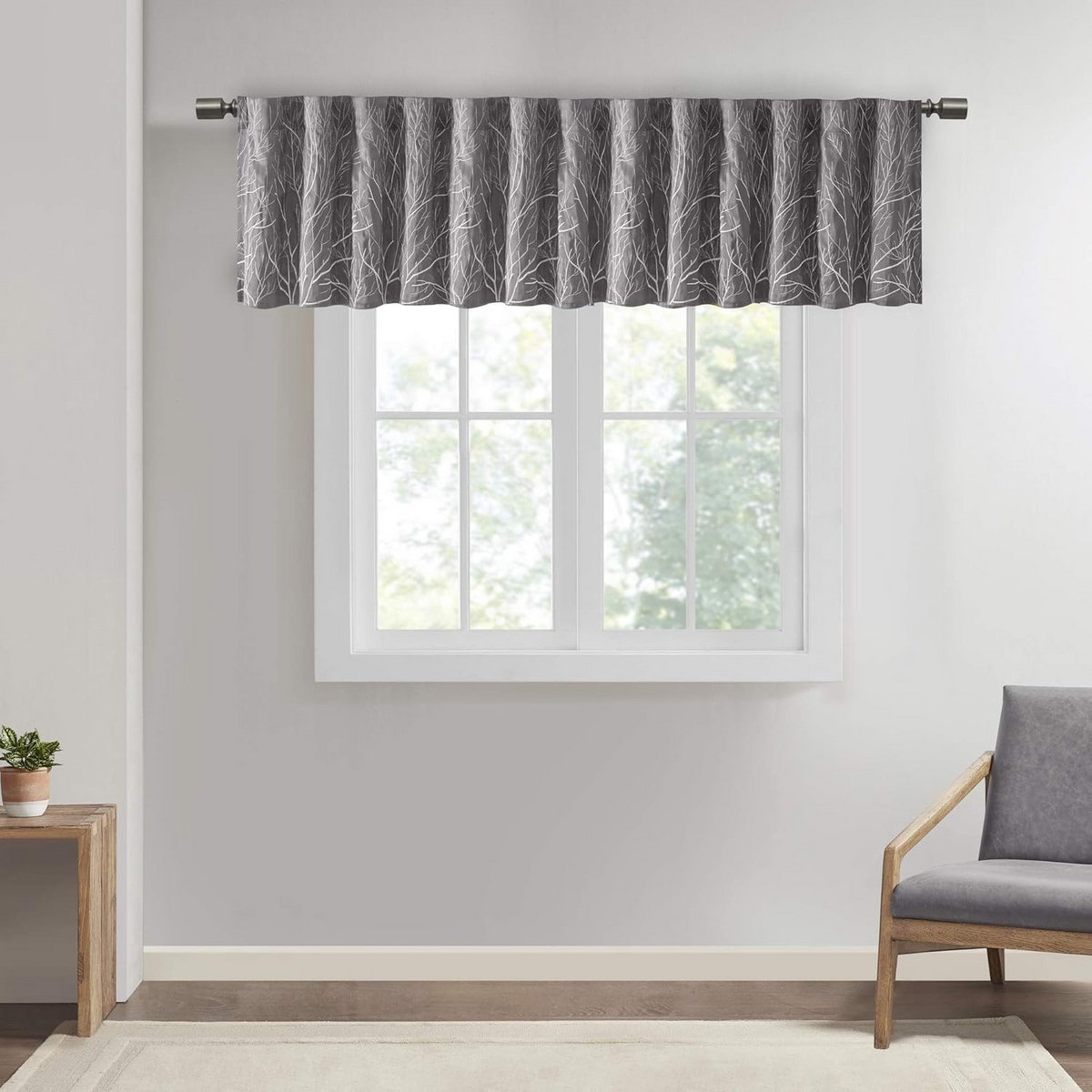 Elegante Satijnlook Raamdecoratie Kort Gordijn Grijs met Geborduurde Takken 127x45 cm