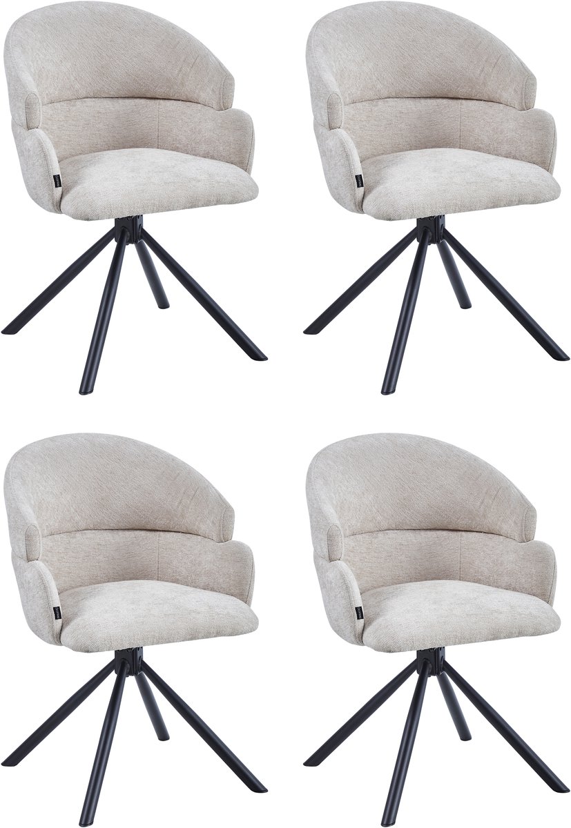 Colenis Elena Eetkamerstoel - Set van 4 - Beige - Chenille Stof - Gestoffeerde zitting - Metalen poten - 180° - Draaistoel