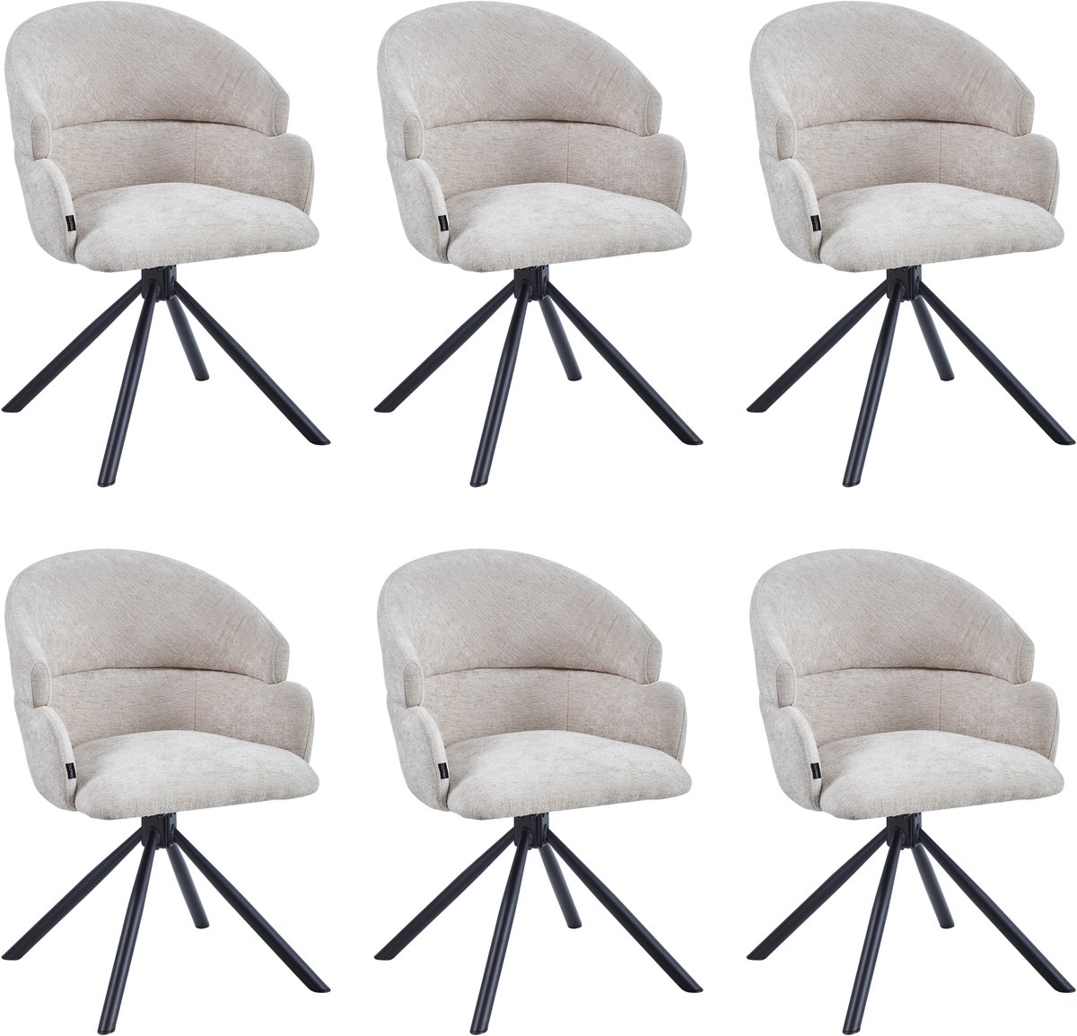 Colenis Elena Eetkamerstoel - Set van 6 - Beige - Chenille Stof - Gestoffeerde zitting - Metalen poten - 180° - Draaistoel