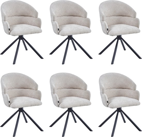 Ensemble de six chaises pivotantes beige clair avec dossier courbé et pieds étoile en métal noir.