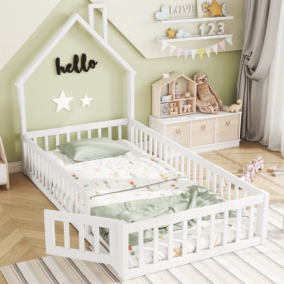 Wishdor – Kinderbed 90x200 cm – Schoorsteenontwerp – Inclusief Veiligheidshek & Lattenbode
